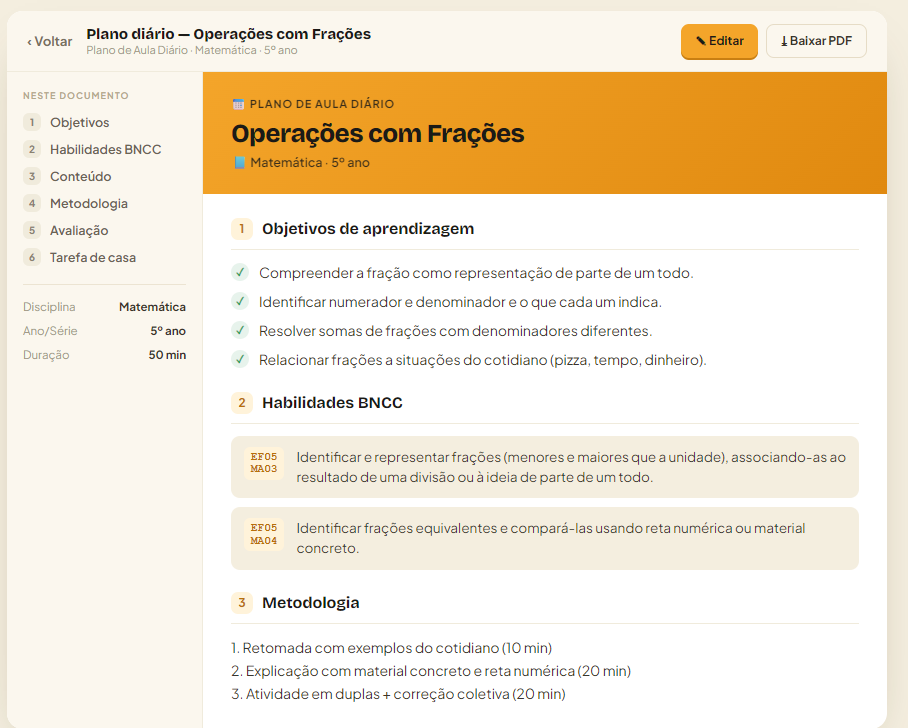 Exemplo de plano de aula gerado na plataforma